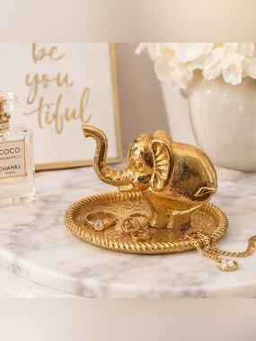 Golden Elephant Decorative Dish Ring Holder Trinket Decor